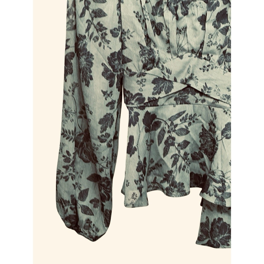 Women's Olive Green Floral Wrap Peplum Blouse L Square Neck Balloon Sleeve Top - Picture 9 of 10
